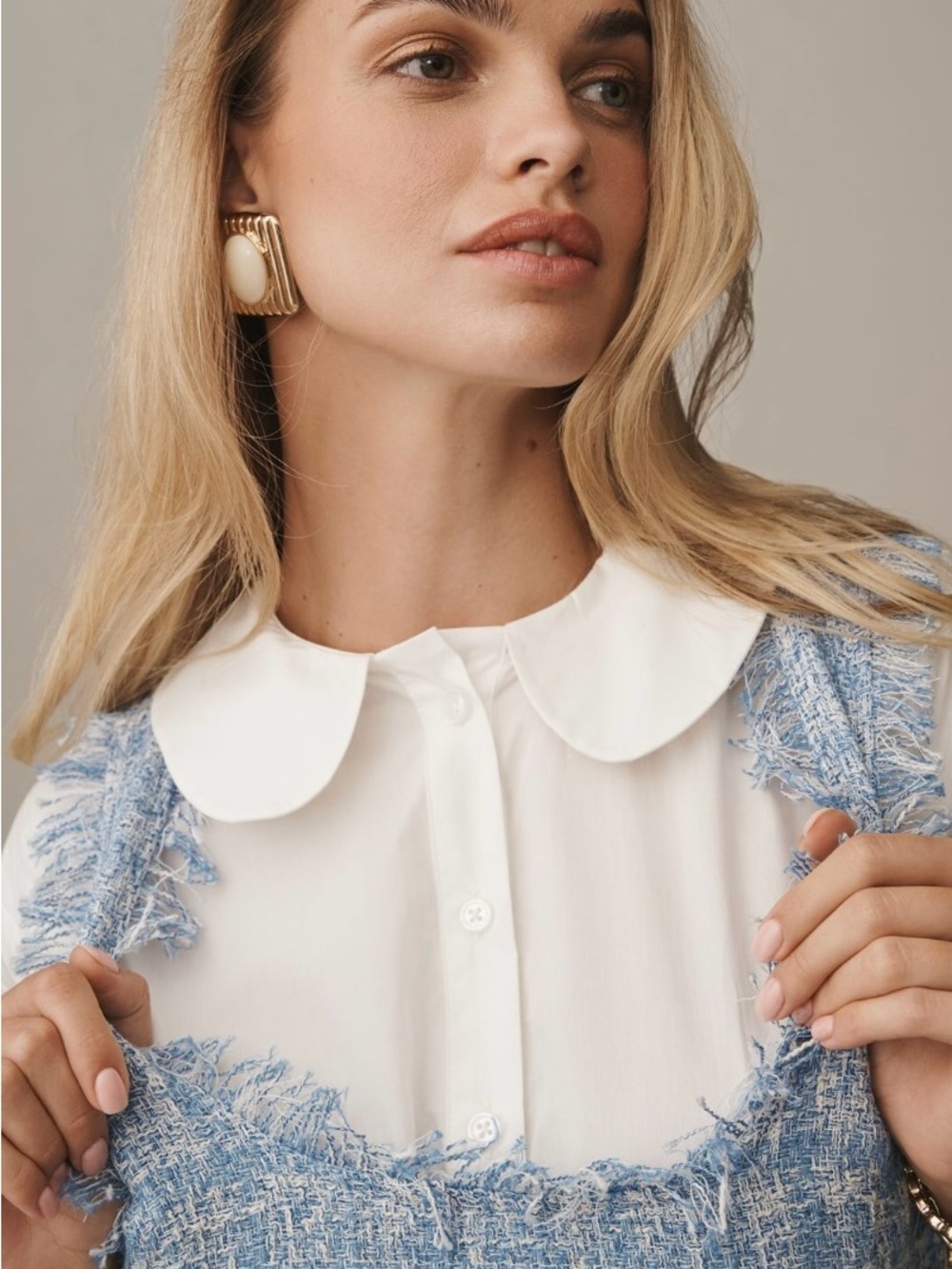 Mauve Light Blue Tweed Romper with White Blouse - Picture 3 of 3